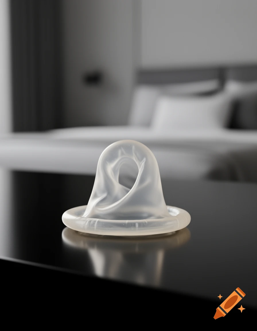 A translucent condom rests on a reflective dark surface in a dimly lit bedroom with a blurred bed in the background, photorealistic.