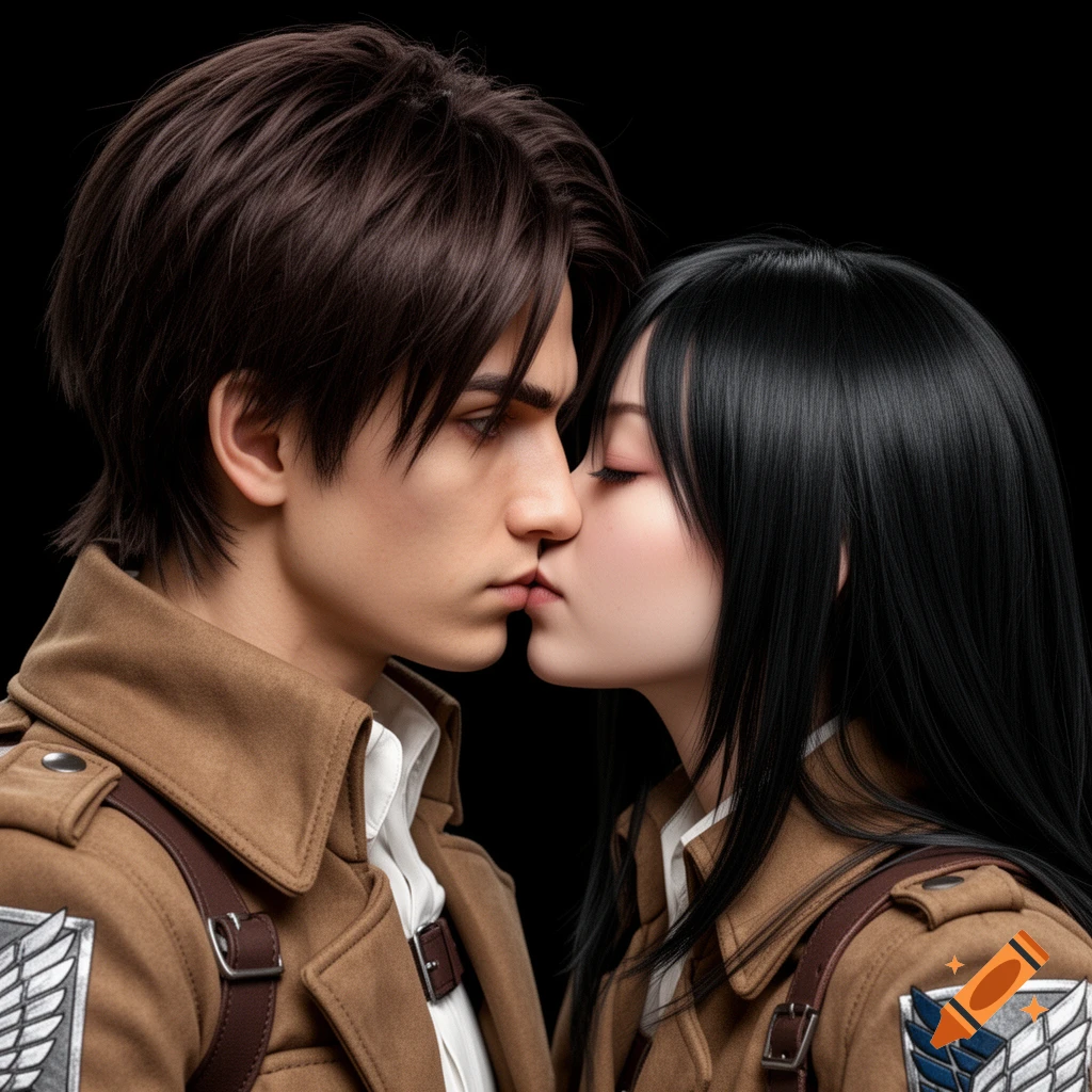Close-up of Eren Yeager and Mikasa Ackerman from Attack on Titan kissing, wearing Survey Corps uniforms, against a black background.