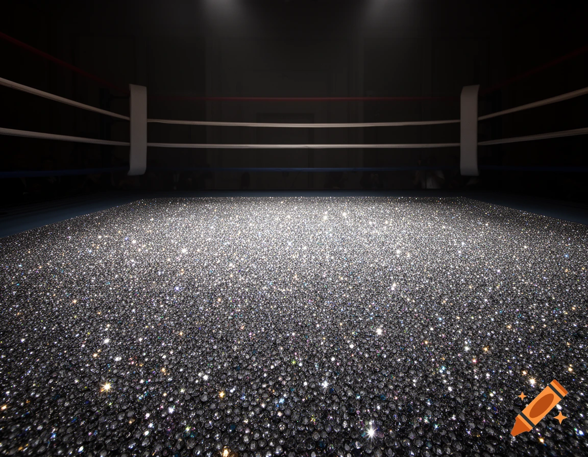 Realistic boxing ring with its floor covered in shimmering diamonds, lit by dramatic spotlights in a dark setting.
