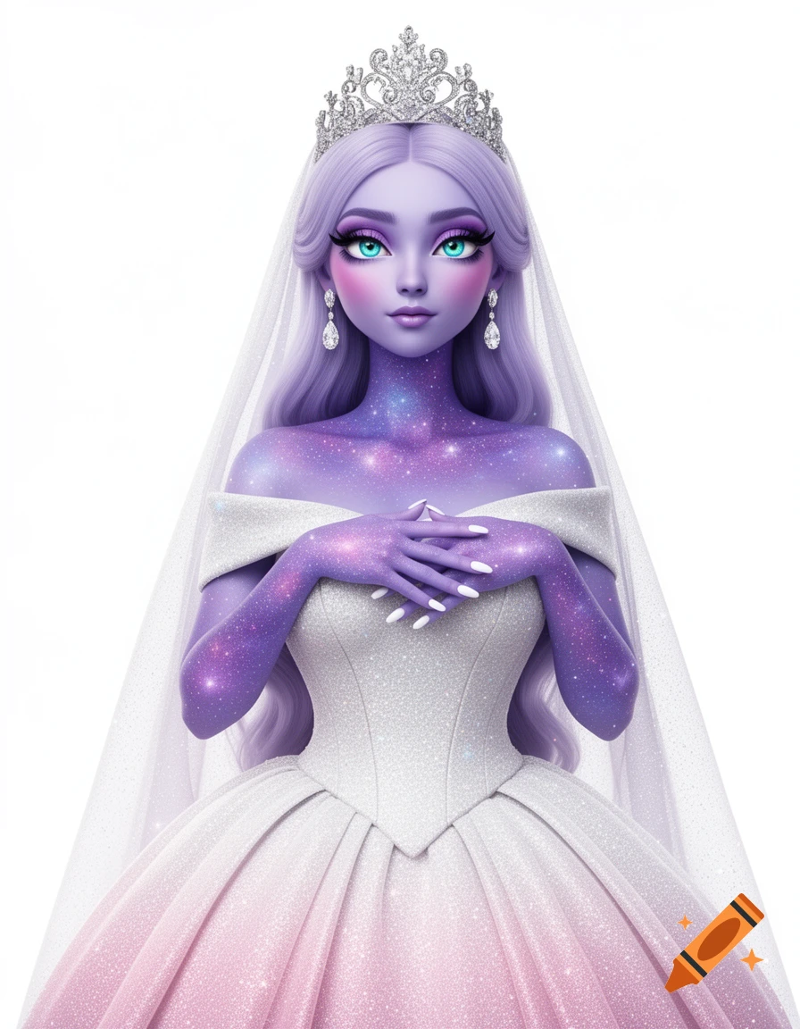 A stylized galaxy princess with lavender hair, sparkling purple skin, a tiara, veil, and a glittery white and pink gradient wedding gown.