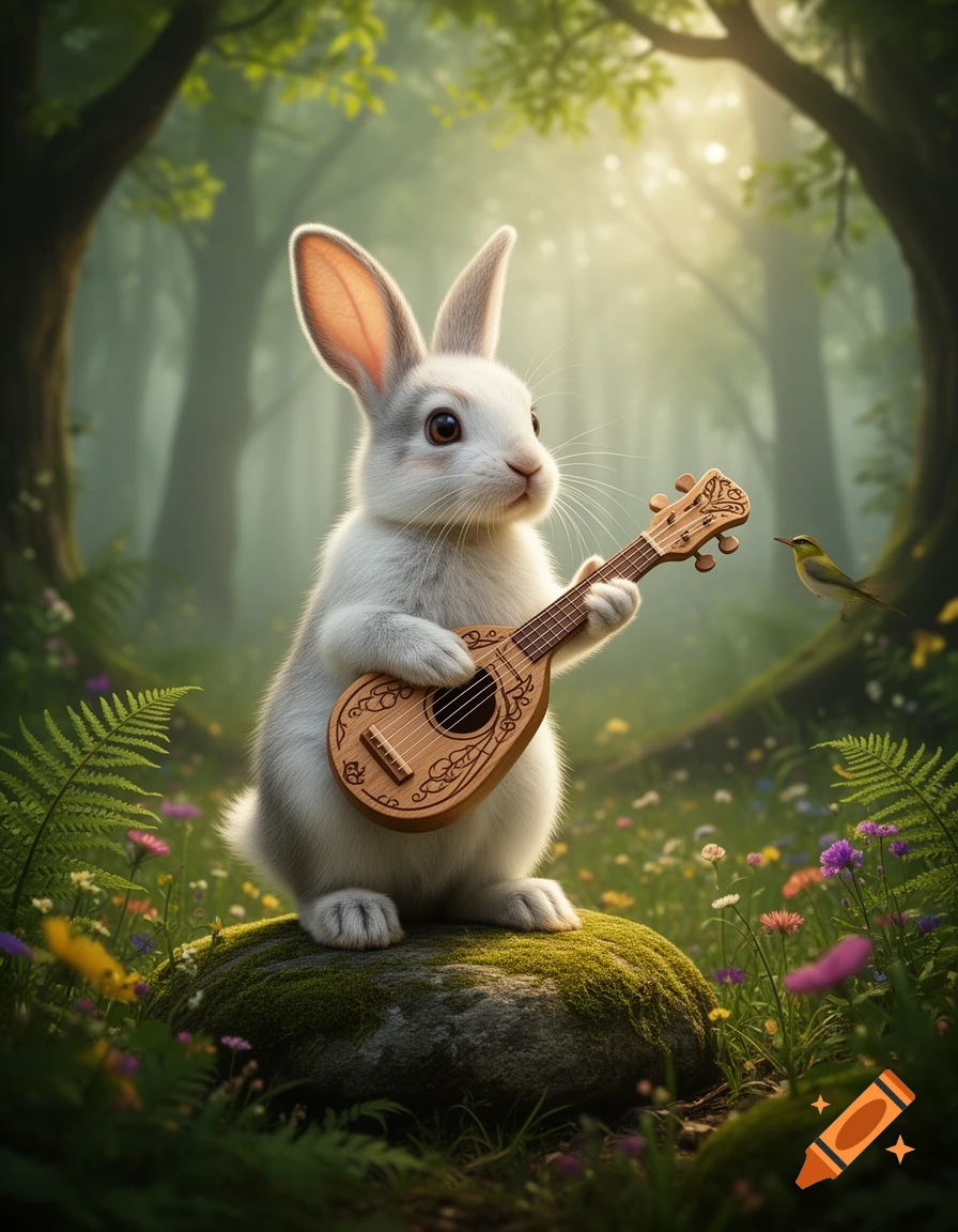 A fluffy white rabbit plays a wooden ukulele while sitting on a mossy rock in a misty, magical forest. A small bird is nearby.