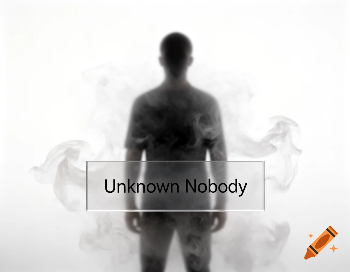 A blurry, silhouetted figure stands in smoke with a transparent box displaying the words 'Unknown Nobody' in front of them.