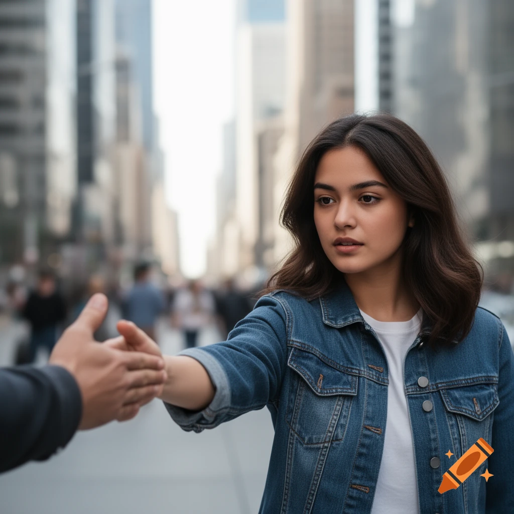 A young woman in a denim jacket pushes away a man's hand on a blurred city street, looking away in a photorealistic style.