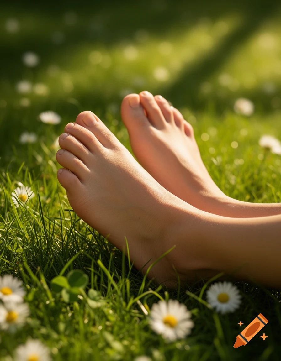 Close-up of bare feet resting on vibrant green grass with white daisies under natural sunlight, photorealistic style.