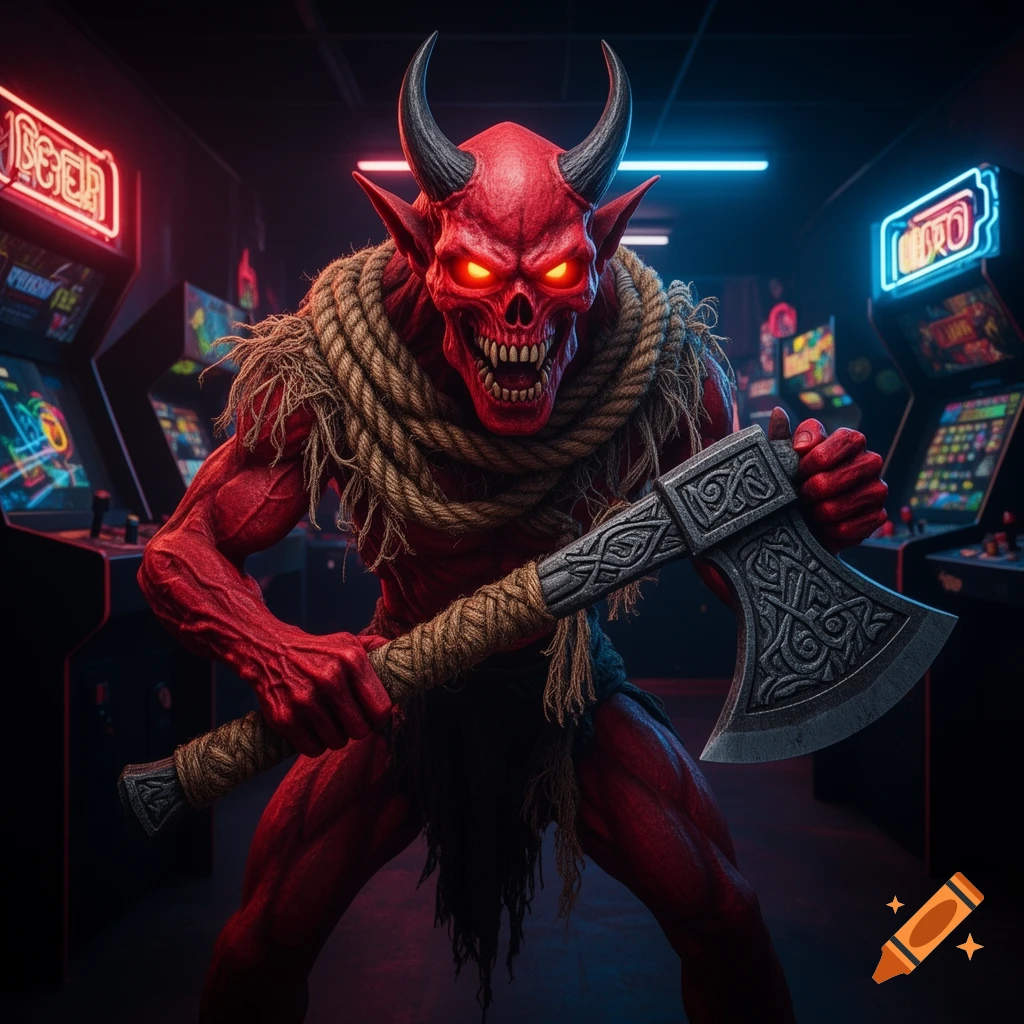 A menacing red demon with glowing eyes, horns, and sharp teeth, wrapped in rope, wields a battle axe in a neon-lit arcade.