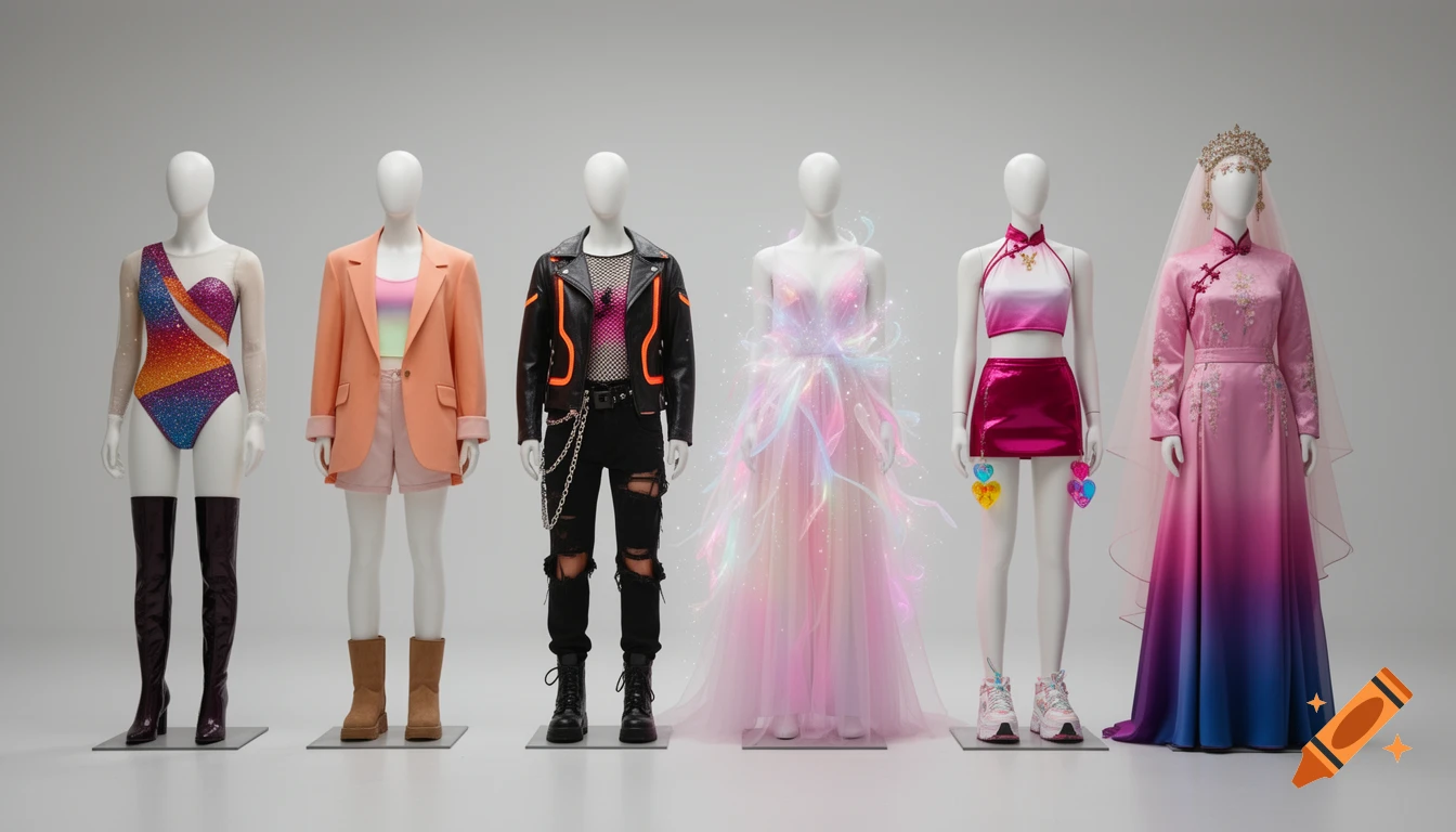 Six mannequins display diverse, colorful fashion outfits, including a glittery bodysuit, a blazer, a leather jacket, an ethereal gown, a Y2K pop outfit, and a gradient cheongsam, in a clean studio.
