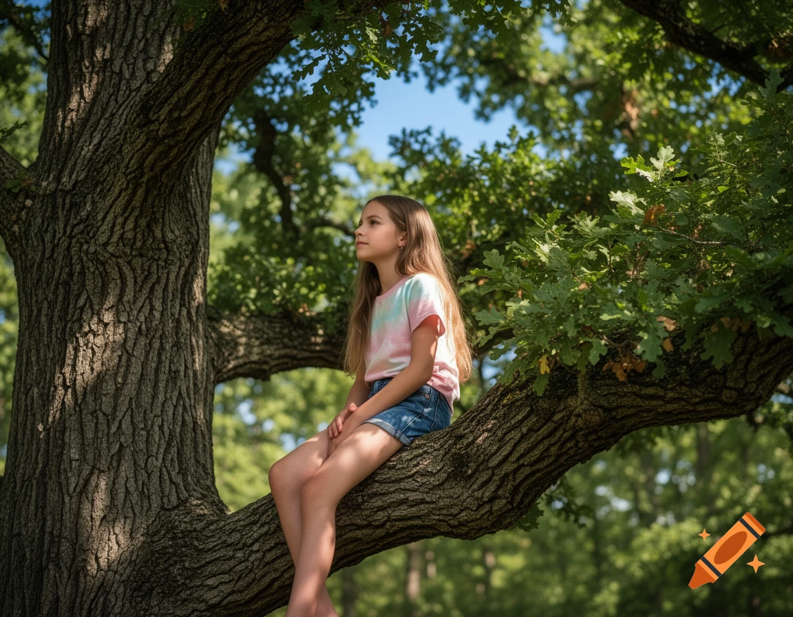 A young girl with long brown hair sits on a large tree branch, looking to the side in a sunny outdoor setting.