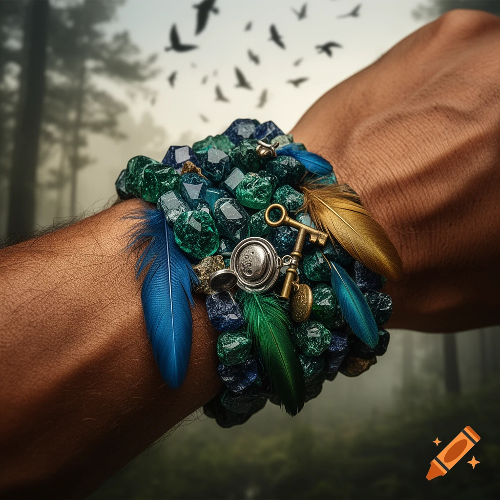 Close-up of a human arm wearing a bracelet made of raw green and blue stones, feathers, and antique charms, with birds flying in a blurry forest background.