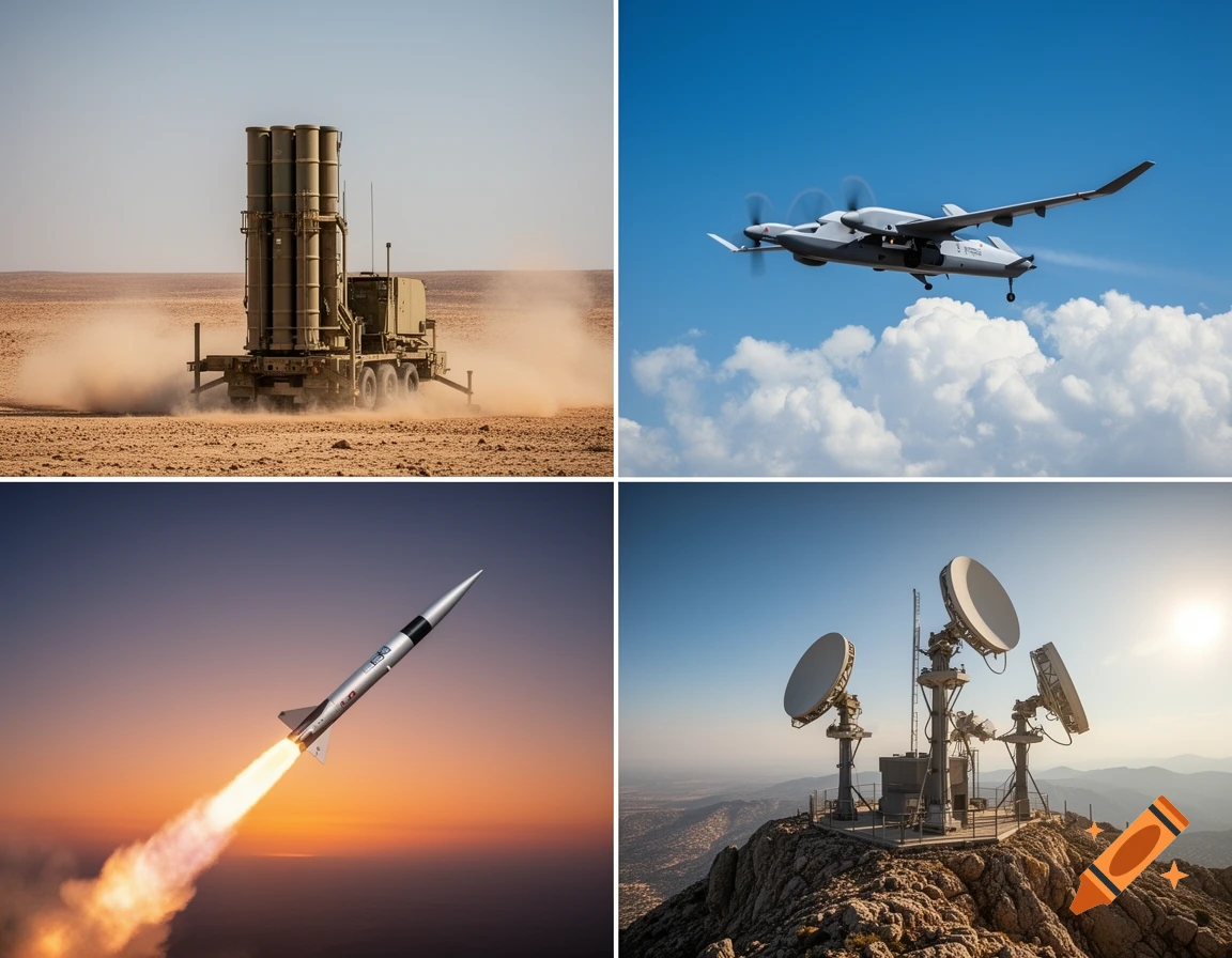 Four-panel image showing military technology: an air defense system, a UAV, a missile launch, and radar dishes on a mountain.