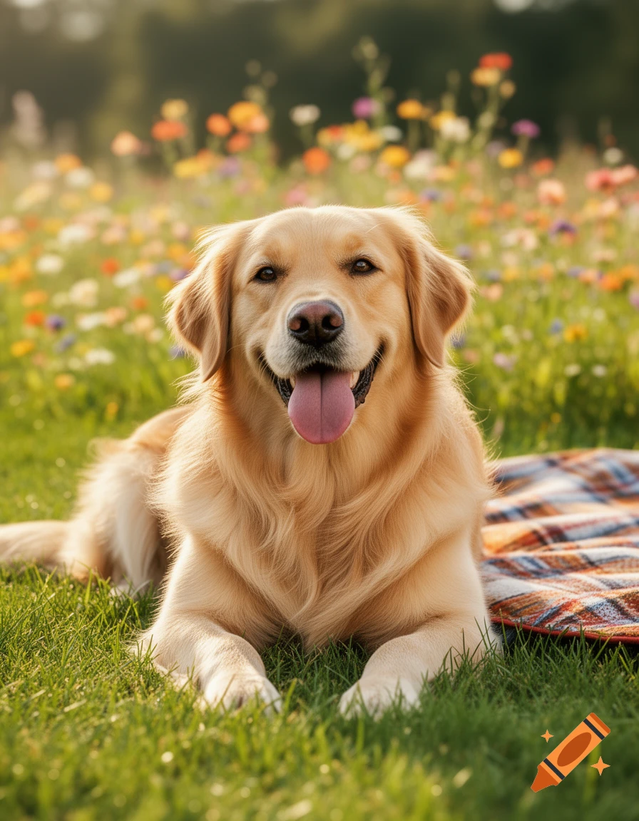 A happy Golden Retriever dog lies on a picnic blanket in a field of colorful wildflowers and green grass, looking at the camera.