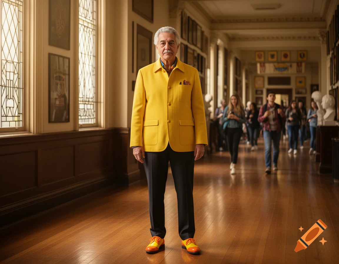 A distinguished older man in a bright yellow blazer and matching orange-yellow shoes stands in a grand school hallway.