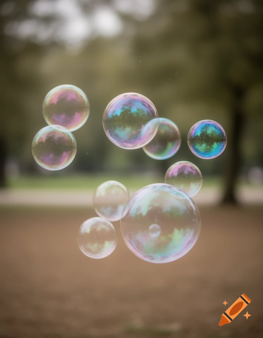 Colorful iridescent bubbles floating against a blurred green and brown background.