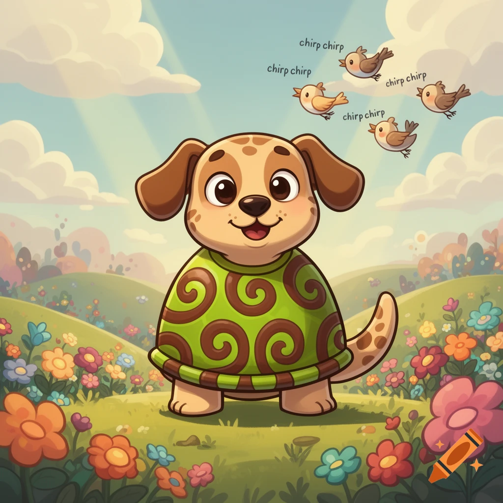 A happy cartoon dog wearing a turtle shell stands in a vibrant flower field as birds chirp under a cloudy sky.