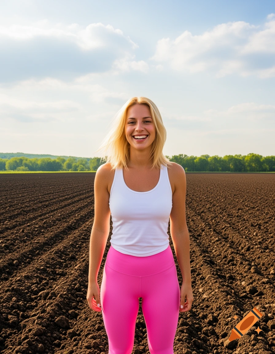 A smiling blonde woman in a white tank top and pink yoga pants stands in a freshly plowed field under a blue sky.