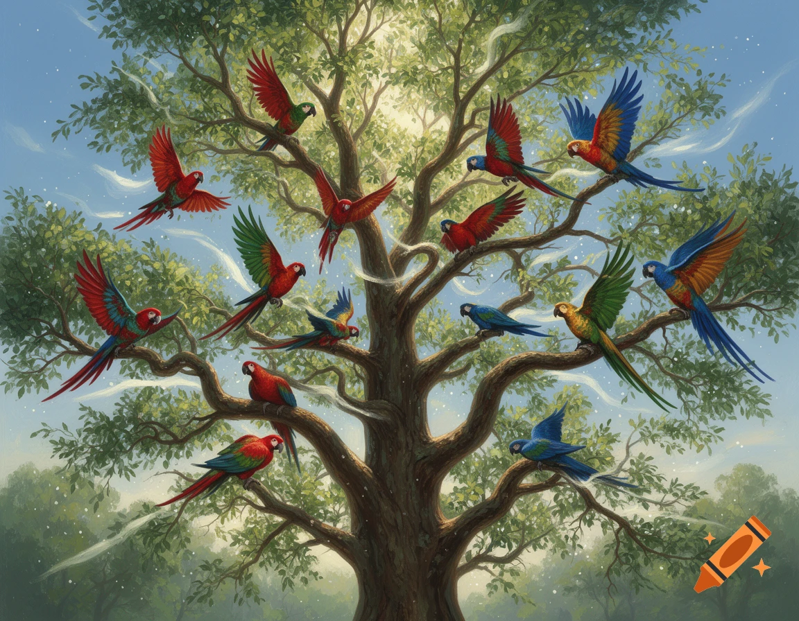 Numerous colorful parrots perched and flying around a lush, green tree under a bright sky in an illustrated style.