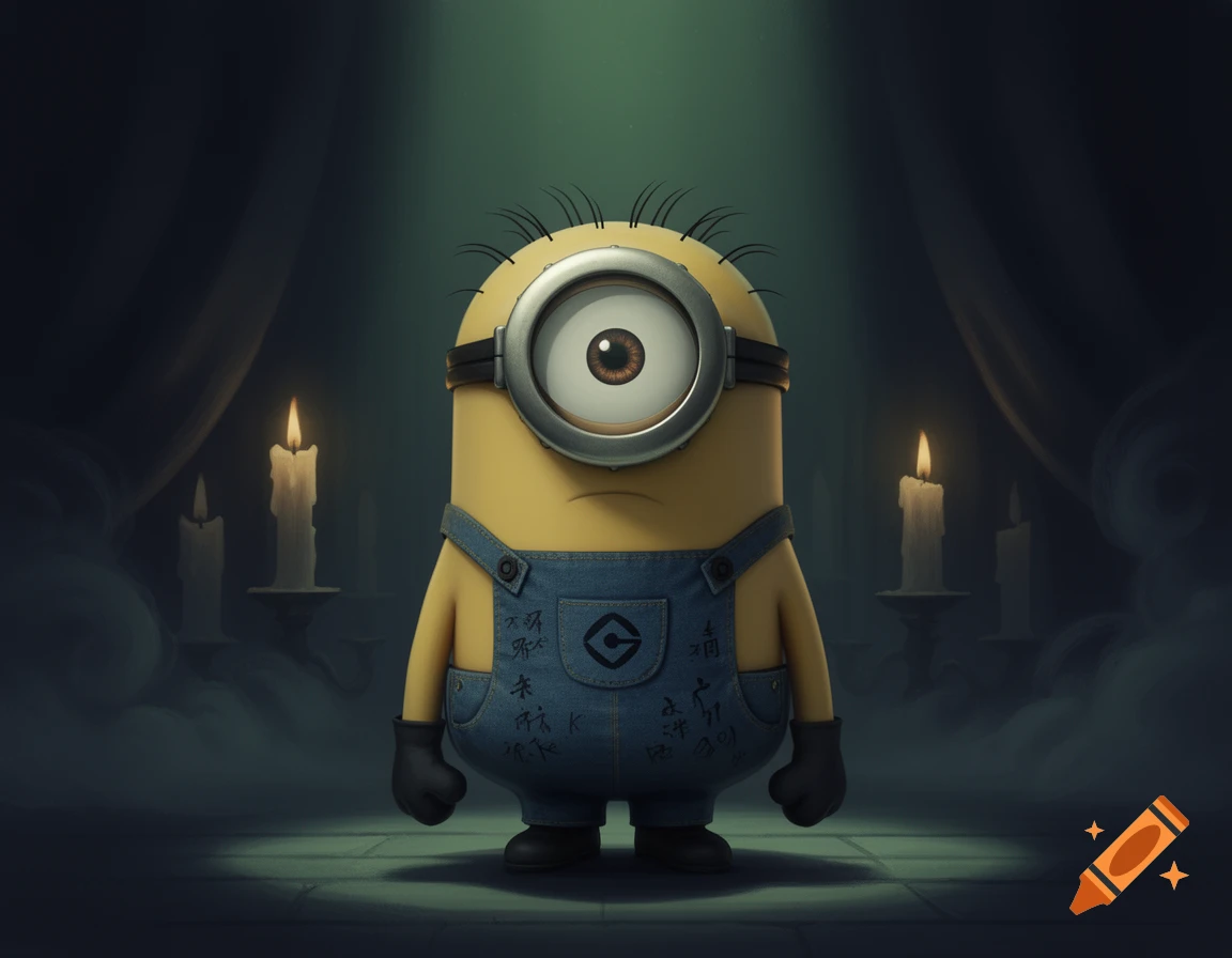 A single Minion character with one eye, wearing denim overalls, stands under a spotlight in a dimly lit, dark room with two lit candles.