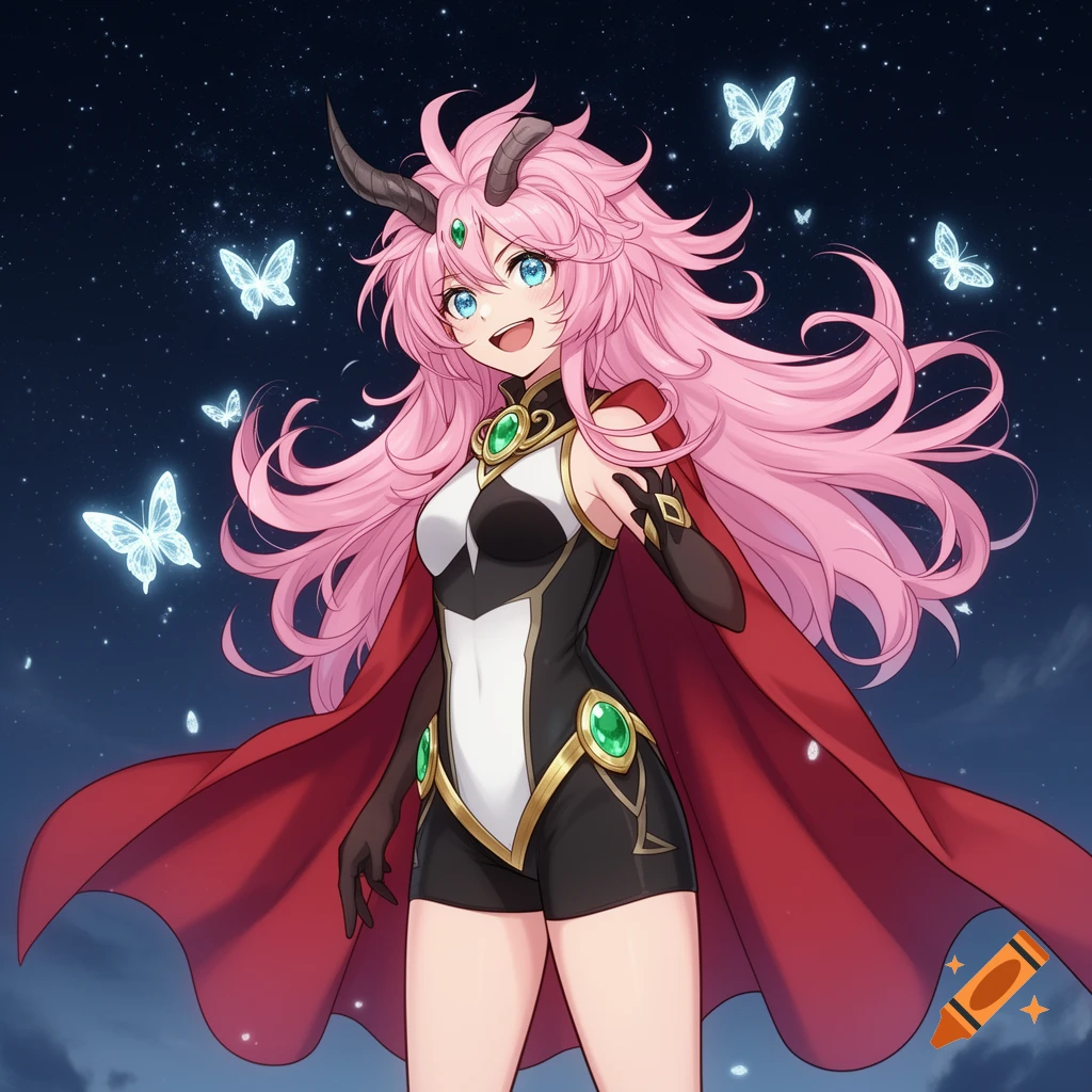A happy anime girl with pink spiky hair, horns, blue eyes, and a red cape stands under a starry night sky with glowing butterflies.