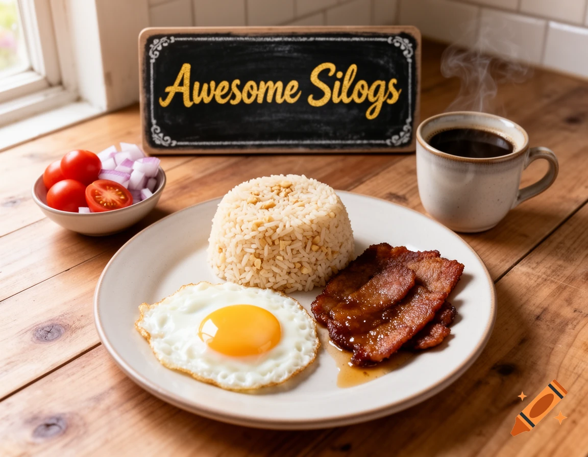 A photorealistic image of a Filipino breakfast plate with fried rice, egg, cured meat, chopped tomatoes, onions, coffee, and an "Awesome Silogs" sign.