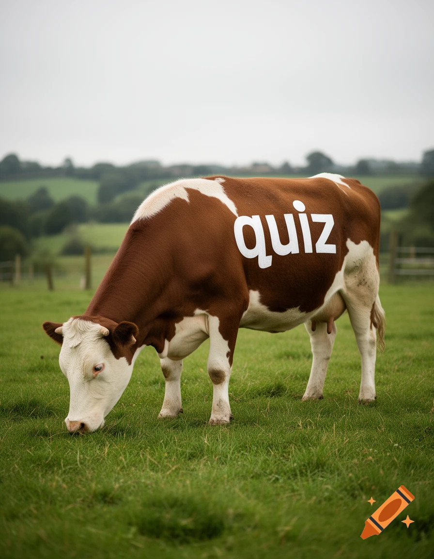 A photorealistic brown and white cow grazes in a green field with the word 'quiz' painted on its side.