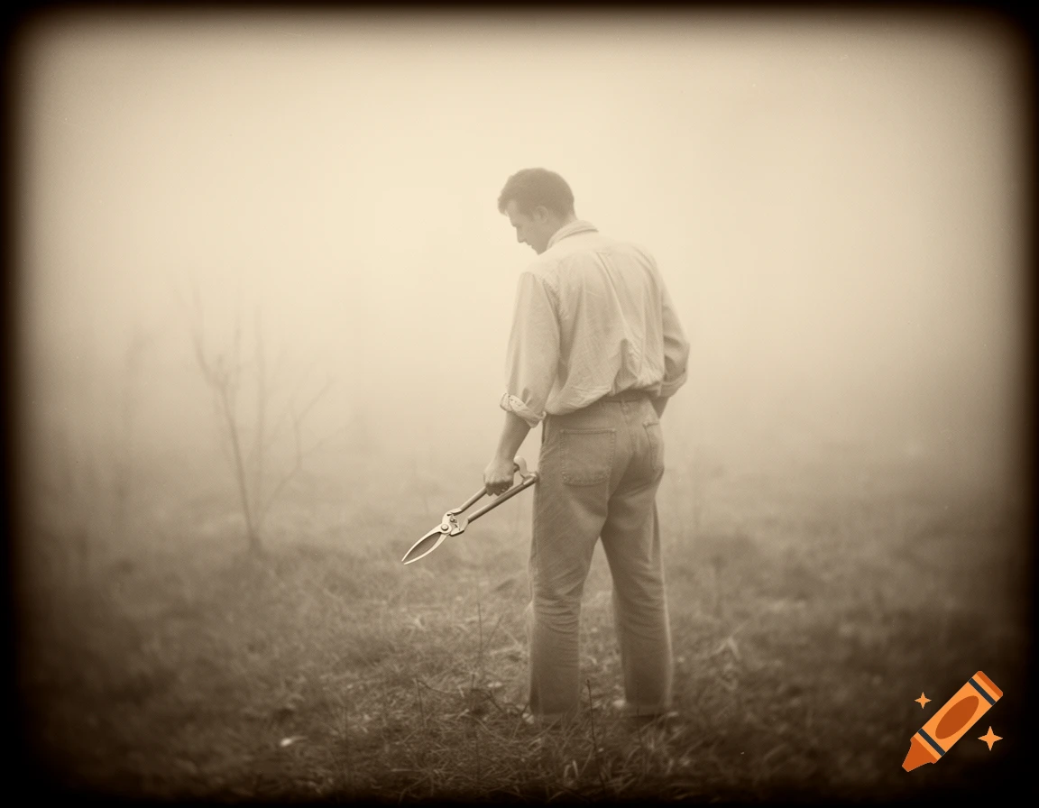 Sepia-toned, blurry old-style photo of a man from behind, holding pruning shears in a foggy, grassy field.