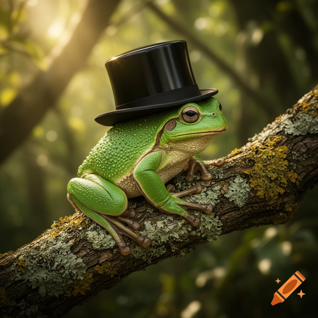 A photorealistic green tree frog wearing a black top hat, perched on a mossy tree branch in a sunlit forest.
