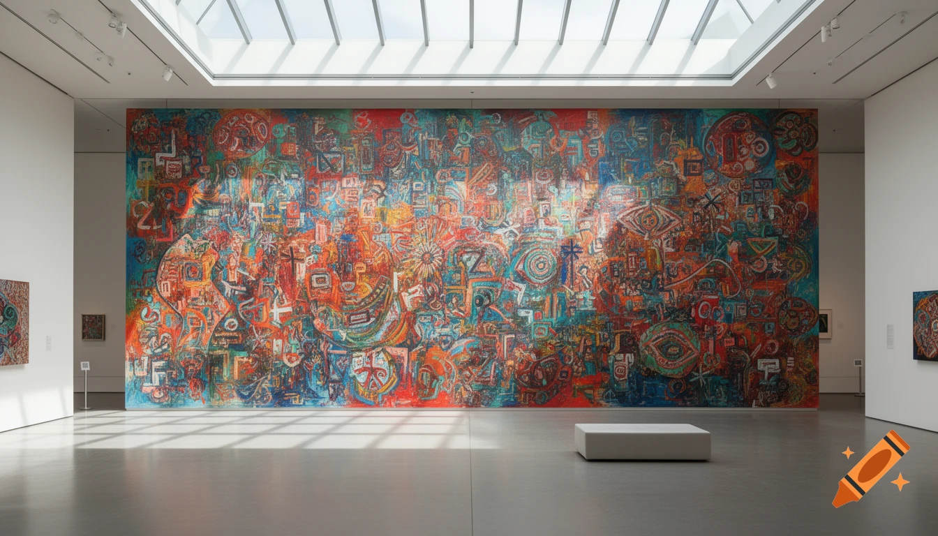 A large, vibrant abstract painting fills a white wall in a modern museum gallery with skylights and a single white bench.