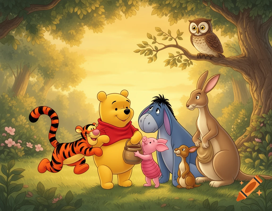 Winnie the Pooh, Tigger, Piglet, Eeyore, Owl, Kanga, and Roo gathered in a sun-drenched forest clearing, in a vibrant cartoon style.