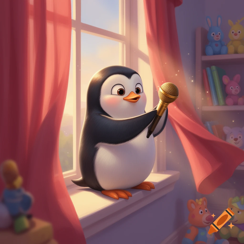 A cute, chubby cartoon penguin with rosy cheeks holds a golden microphone by a sunlit window with red curtains and toys.