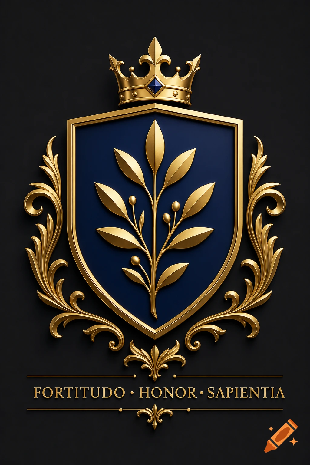A majestic gold and royal blue coat of arms with an olive branch, crown, and Latin motto on a dark background.