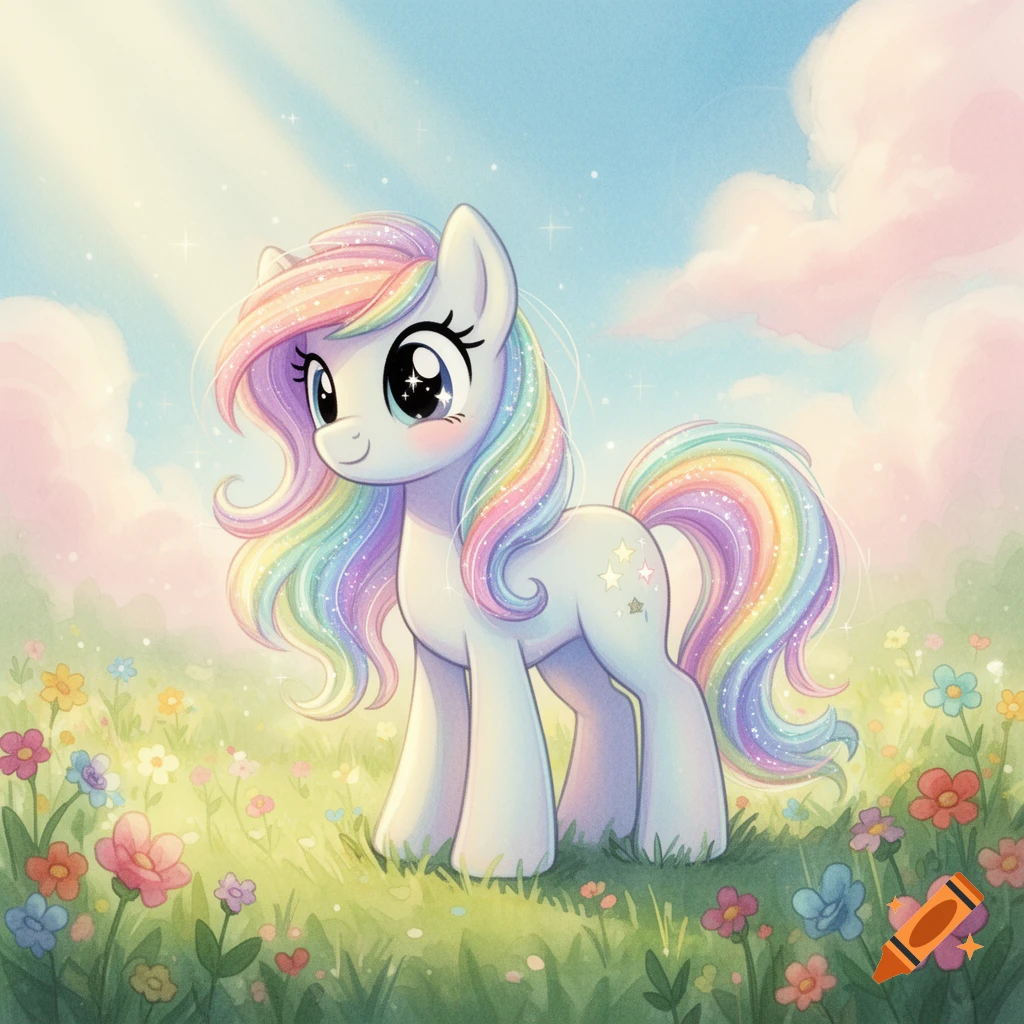 Cute cartoon pony with a rainbow mane and tail stands in a field of colorful flowers under a sparkling blue sky.