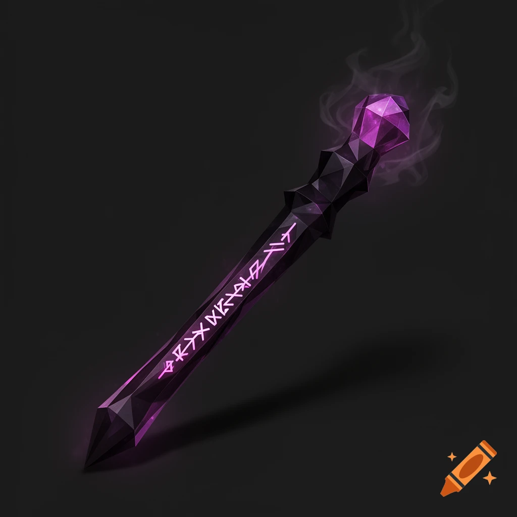 A dark, faceted magic staff with a glowing purple crystal top, glowing purple runes, and purple smoke on a dark background.