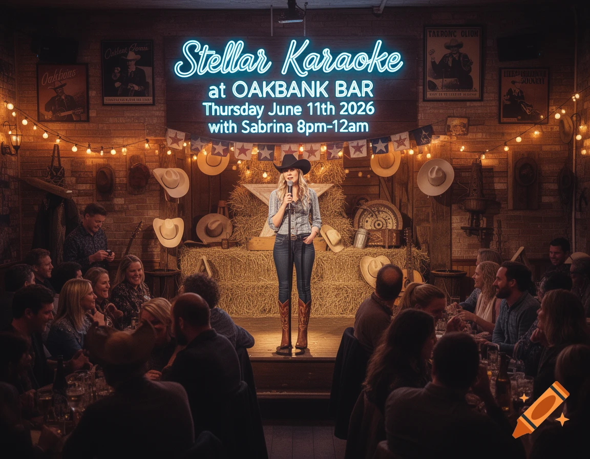 A woman in a cowboy hat and boots sings karaoke on stage at a rustic country-themed bar, lit by string lights and a neon sign, as an audience watches.