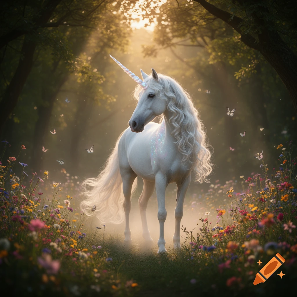 A majestic white unicorn with a flowing mane and iridescent horn stands in a sunlit magical forest with colorful wildflowers and butterflies.