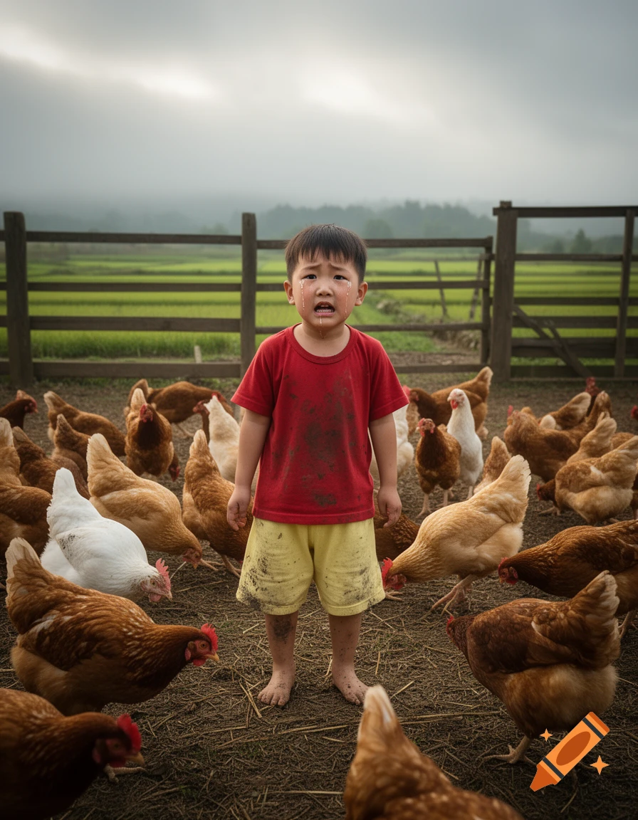 A crying barefoot young boy in a red shirt stands surrounded by many chickens on a dirt farm.