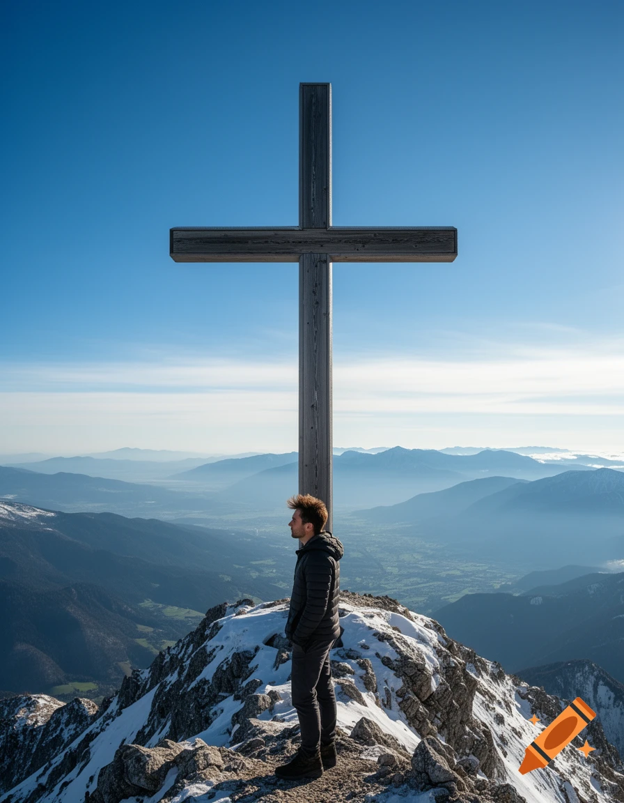 A man stands on a snowy mountain peak overlooking a vast valley, next to a large wooden cross against a blue sky.