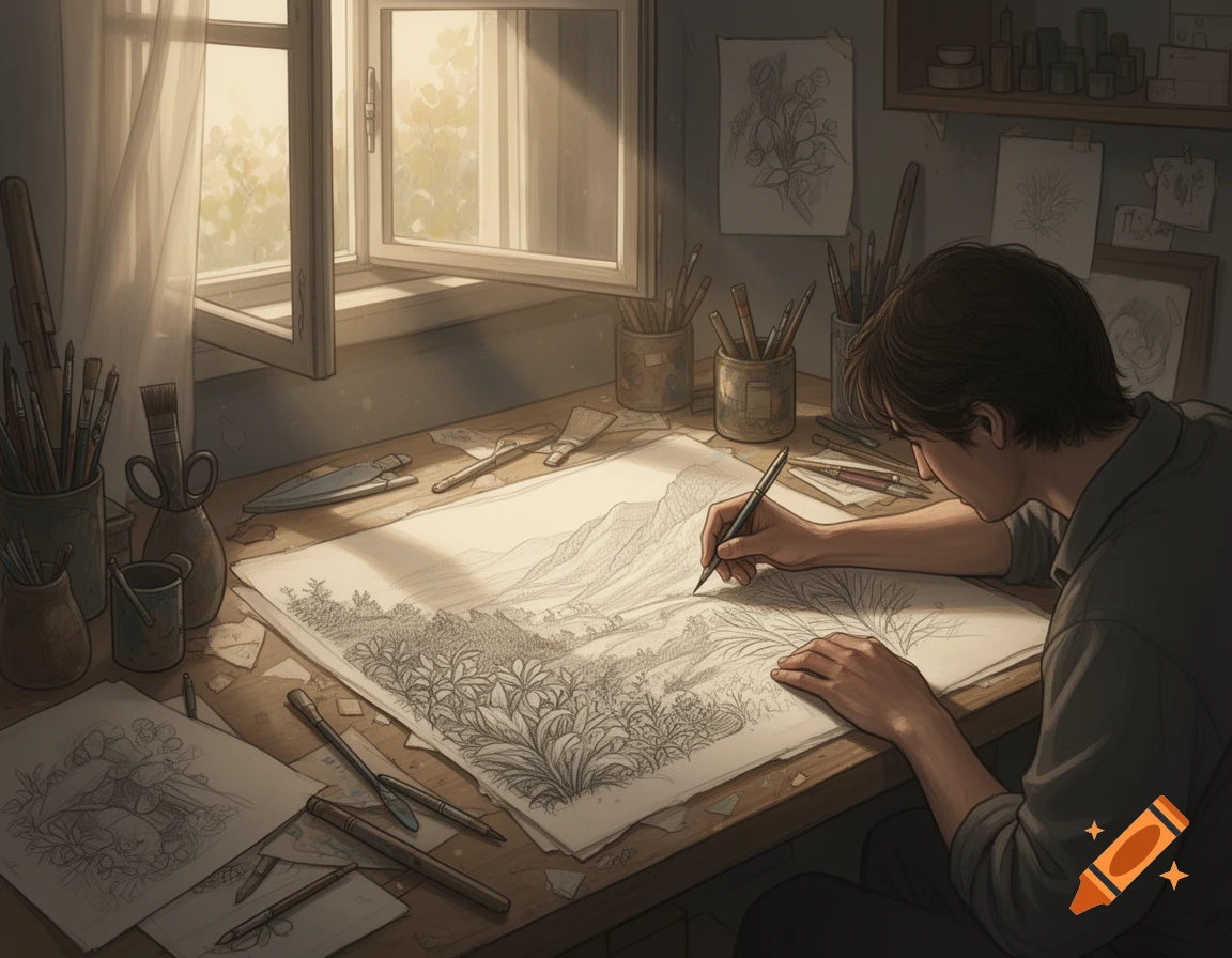 An artist sketching a landscape at a sunlit desk filled with art supplies, by an open window in an illustrative style.