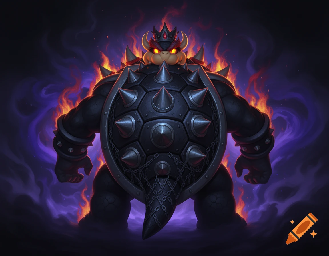 Dark Bowser, a muscular turtle-like creature, stands with a spiked black shell, crown, and glowing eyes, surrounded by orange and purple flames.
