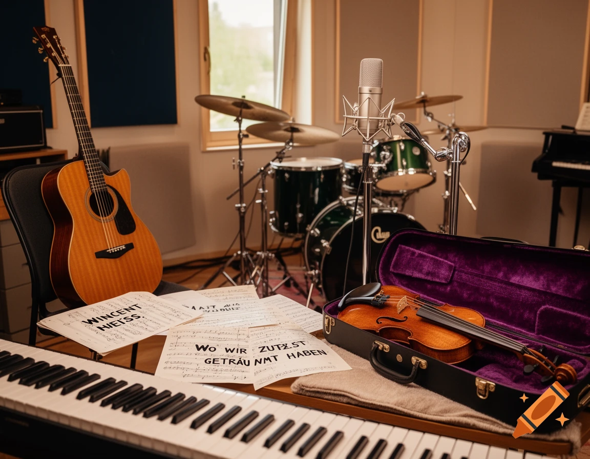A music studio with an acoustic guitar, drum kit, microphone, piano keyboard, violin in a purple case, and sheet music on a table.