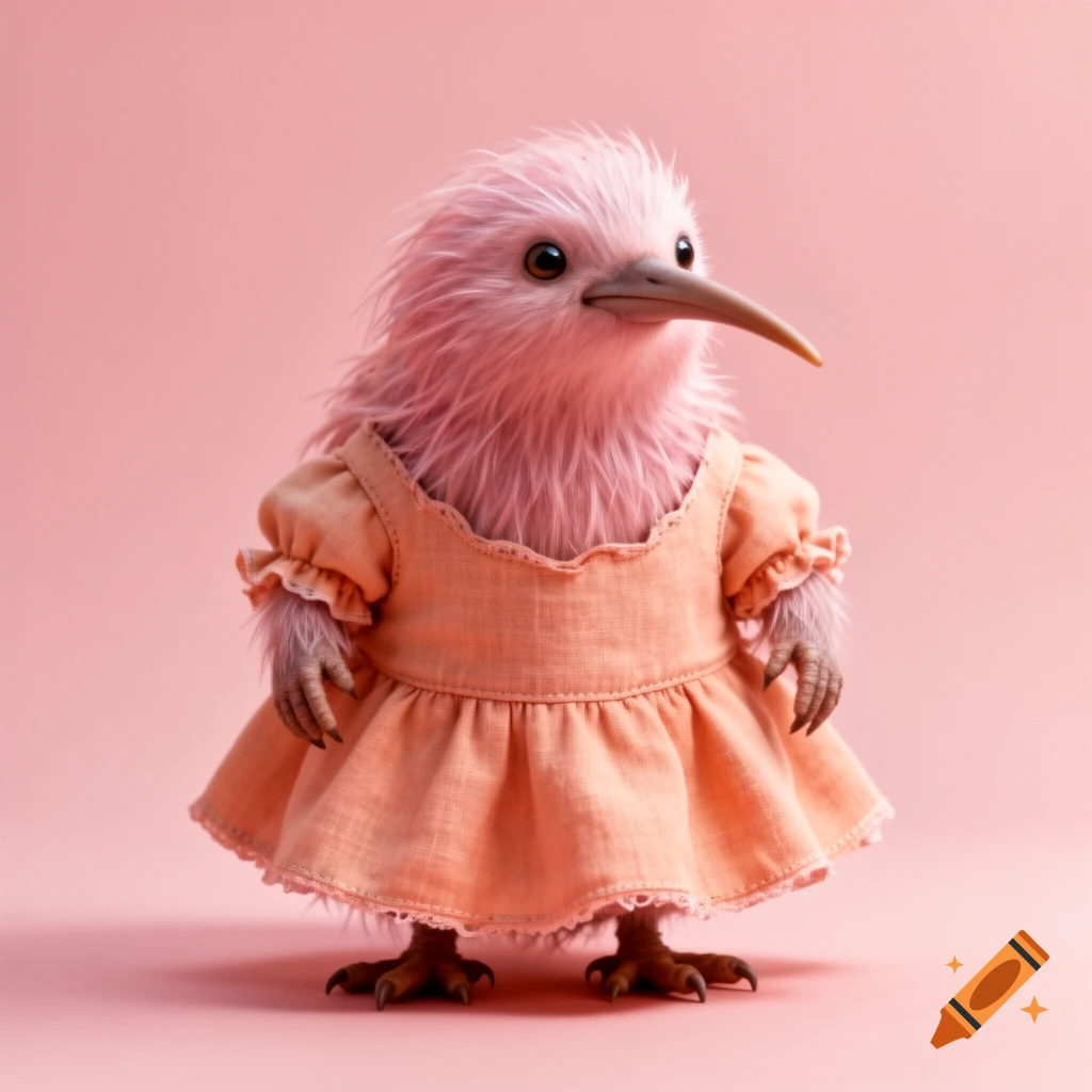 A photorealistic pale pink kiwi bird wearing a peach dress stands on a pink background.