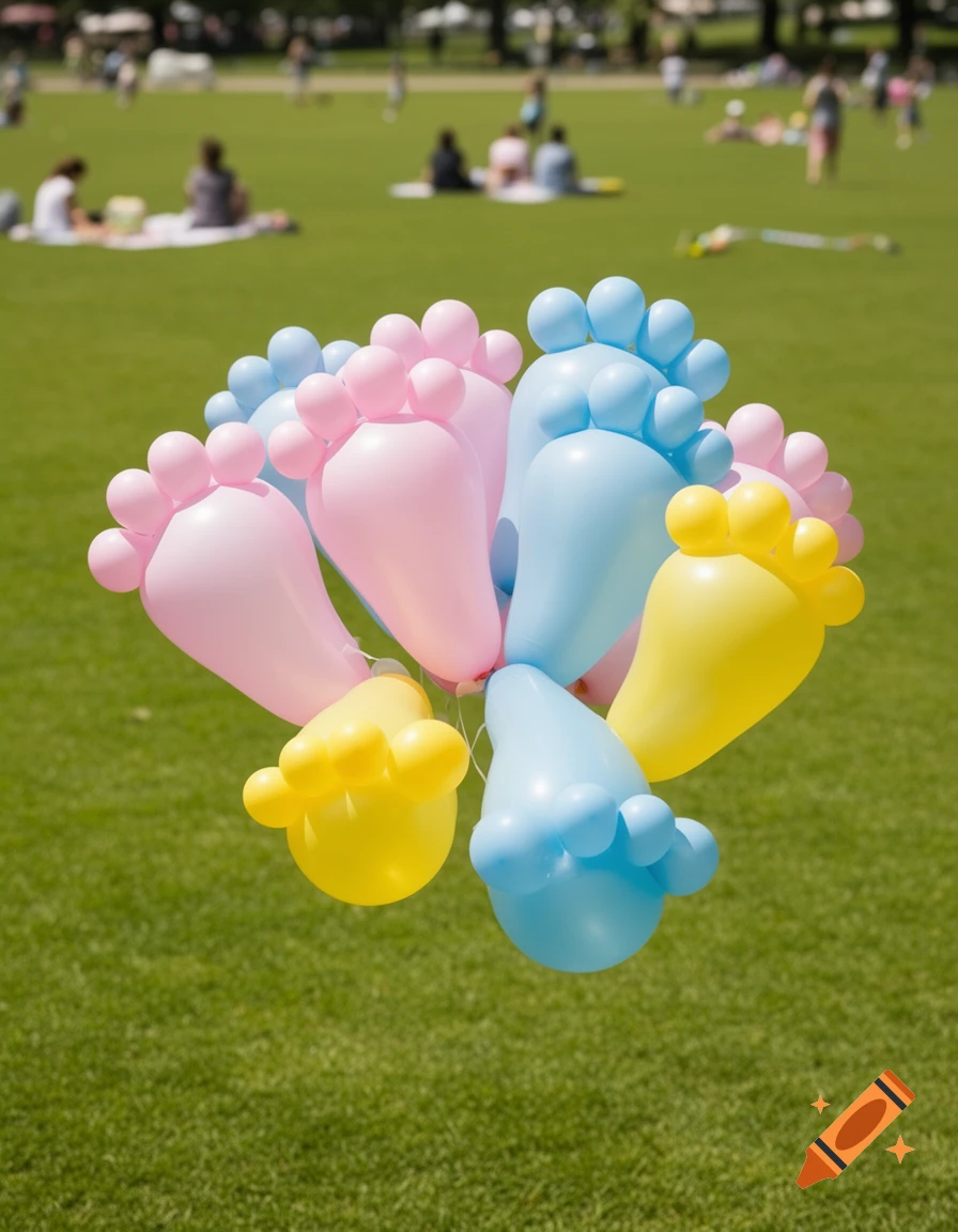 A cluster of pink, blue, and yellow foot-shaped balloons floating in a sunny park with people in the background.