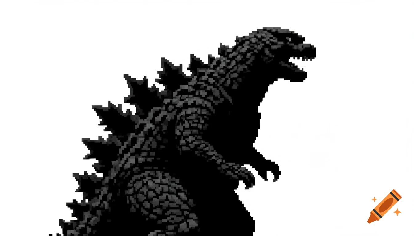 A pixelated, black and white depiction of Godzilla from a side view, set against a plain white background.
