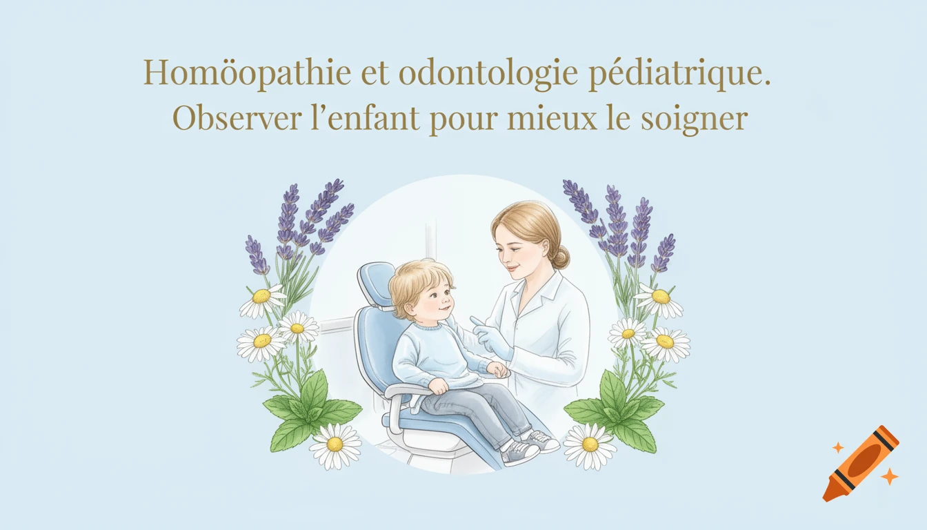 An illustration of a child in a dental chair with a female dentist, framed by lavender and daisies, with French text about homeopathy and pediatric dentistry.