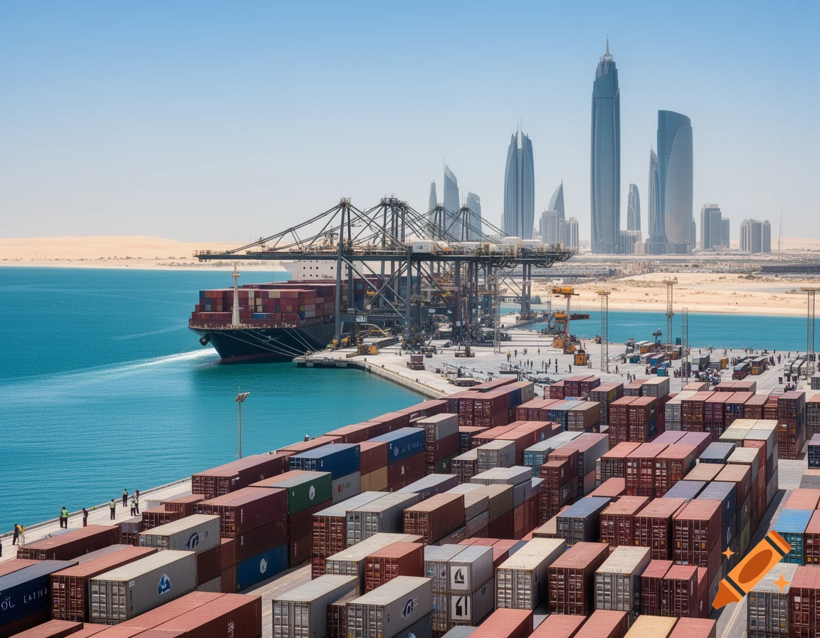 Photorealistic view of a large container ship at a busy port, with numerous shipping containers and a modern city skyline in the background.