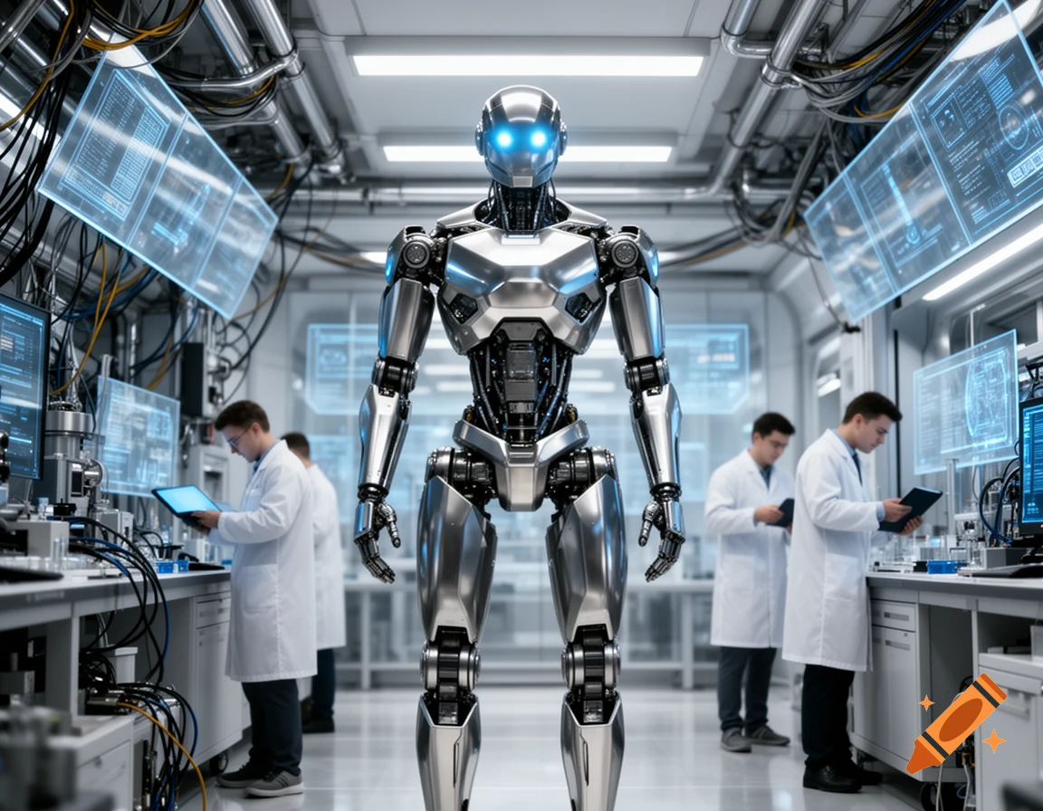 A photorealistic image of a metallic humanoid robot standing centrally in a futuristic laboratory with scientists working at workstations around it.