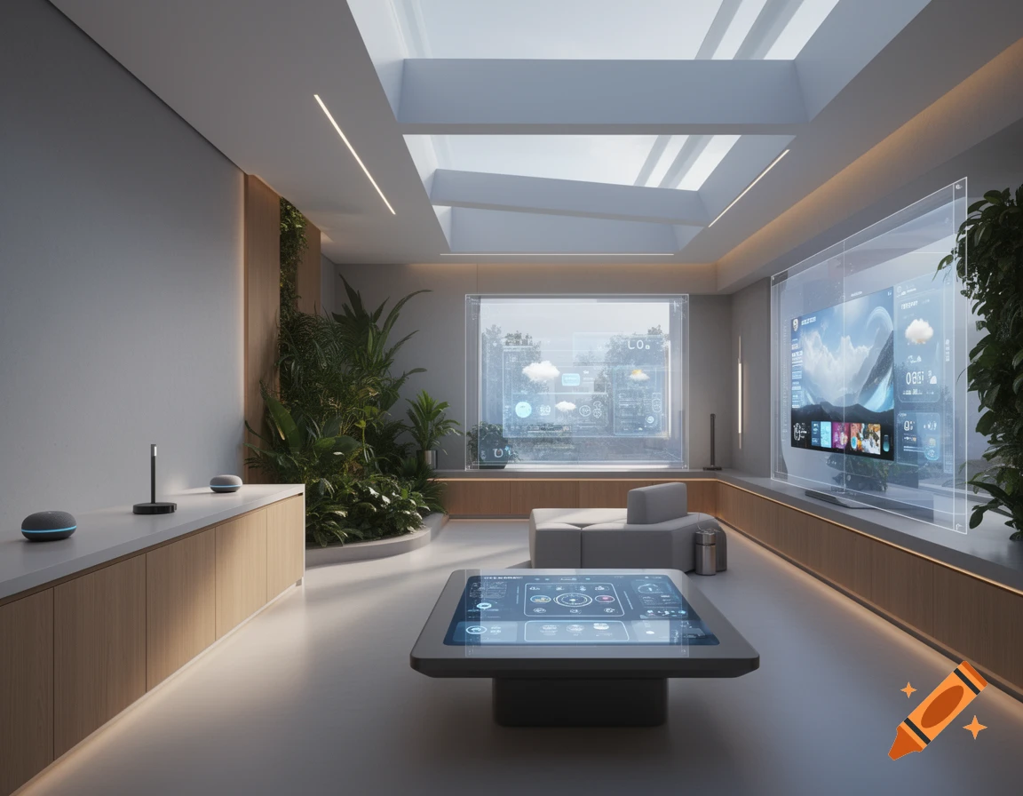 A sleek, futuristic smart home interior with transparent screens displaying data, integrated plants, and ambient lighting.