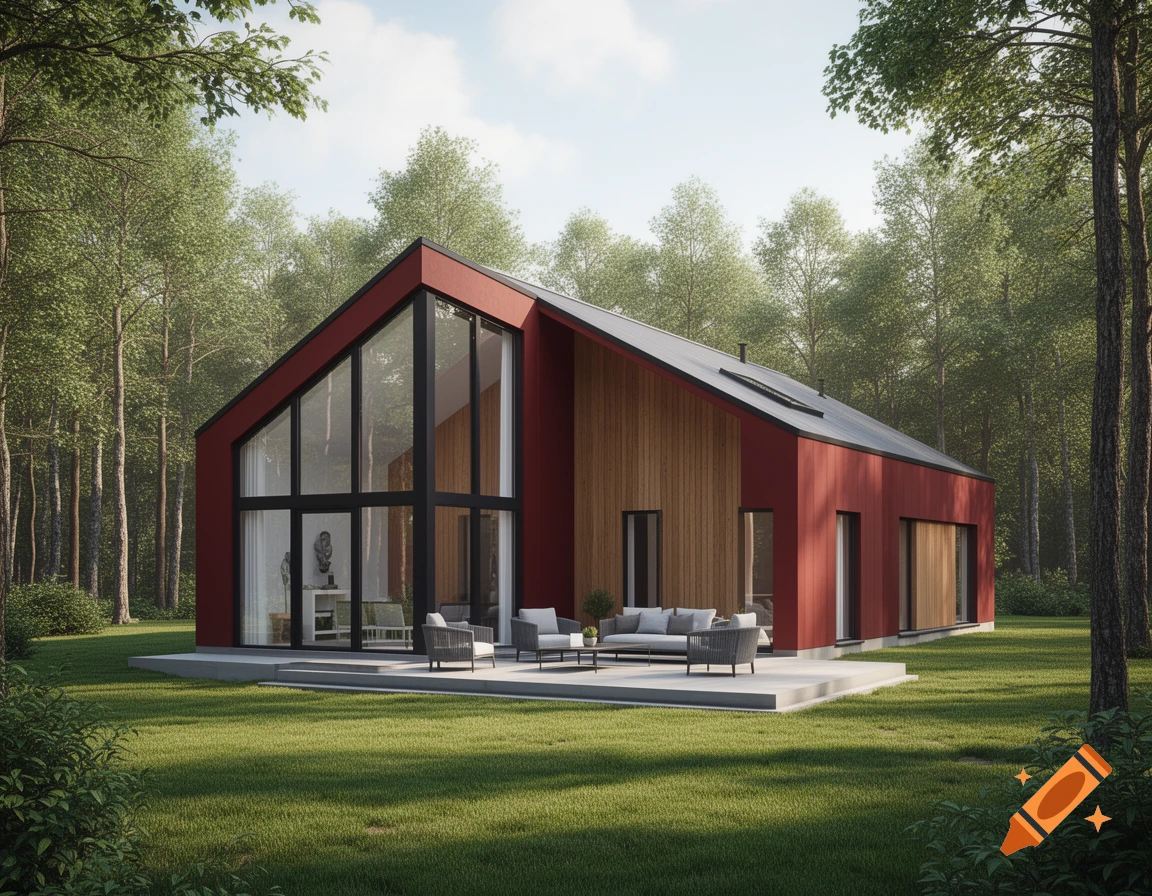 Photorealistic rendering of a modern red and wood house with a large glass front and patio in a sunny forest clearing.