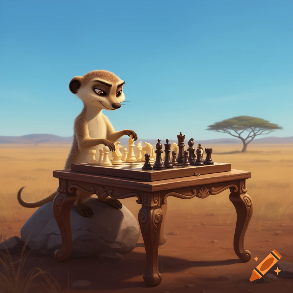 A cartoon meerkat with a mischievous expression plays chess at a wooden table in a sunny savanna with a single acacia tree in the background.