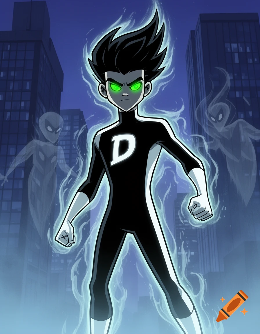 Danny Phantom, a boy with black hair and glowing green eyes, in a black and white suit with a 'D' symbol, surrounded by a blue aura in a city at night.