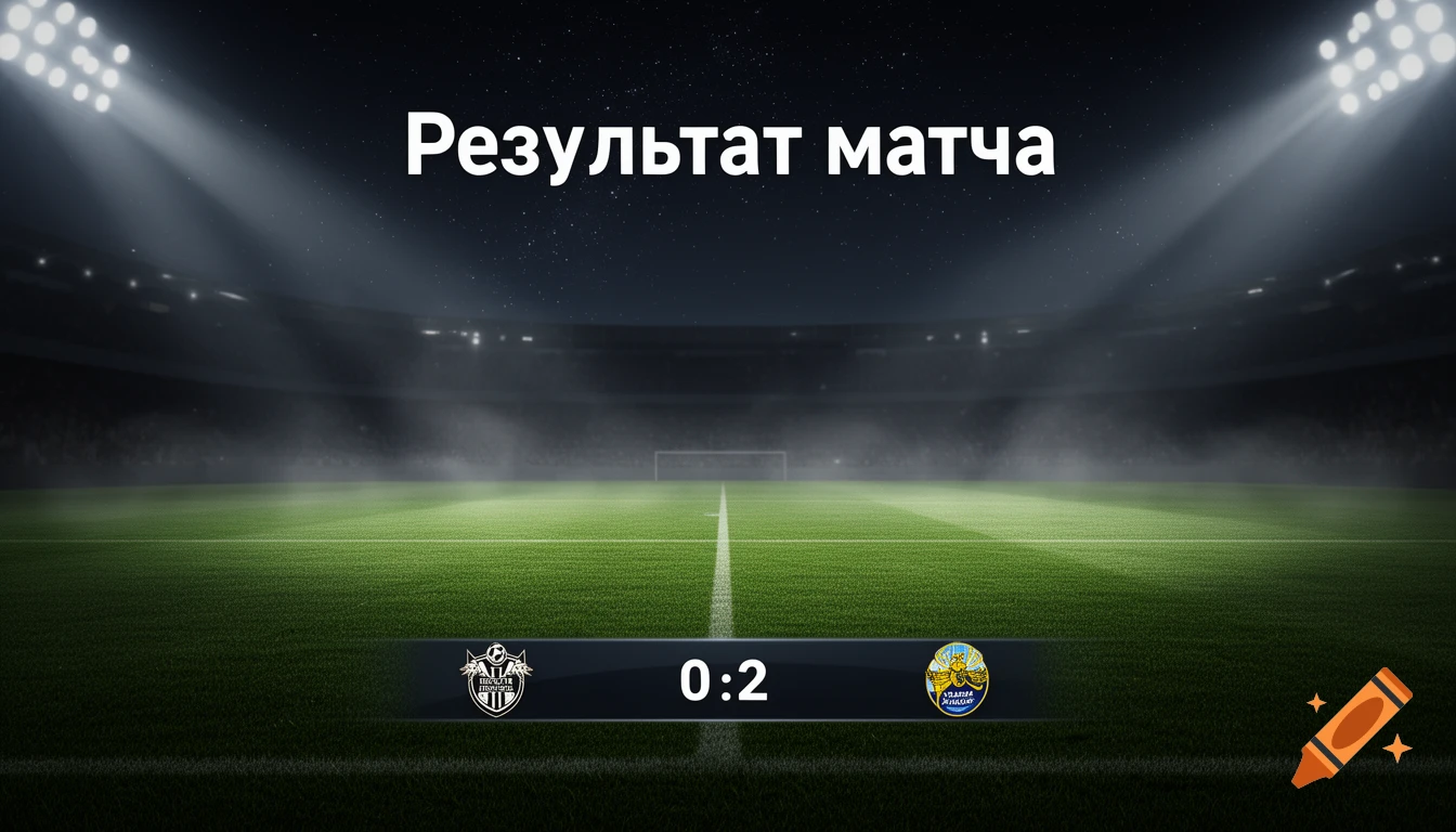 A night view of a football stadium under spotlights with a scoreboard displaying 'Результат матча' and a '0:2' score.