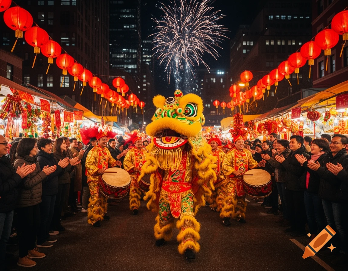 A vibrant Chinese New Year festival at night with a lion dance parade, drummers, and onlookers under red lanterns and fireworks.